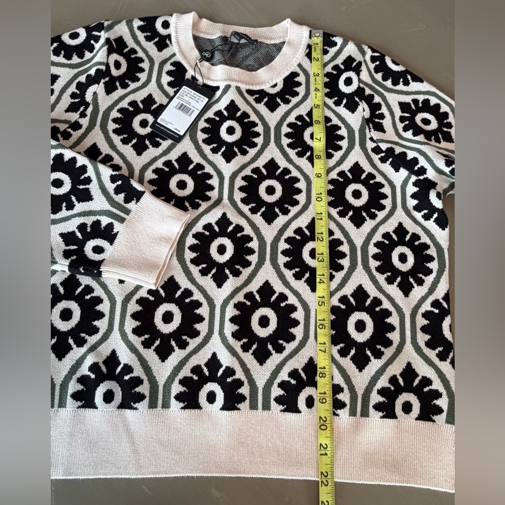 Adrianna Papell Cream Black Olive Floral Jacquard Sweater Crewneck Women L NEW - Picture 7 of 8